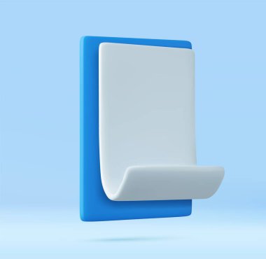 Mavi panodaki 3D beyaz kağıt parşömeni izole edildi. Beyaz kağıtlı klip tahtası. Ofis Kırtasiyesi ya da Evrak Konsepti. Boş Finansal Fatura ya da Fiş. Üç boyutlu görüntüleme. Vektör illüstrasyonu