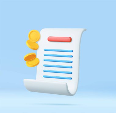 3D makbuz, fatura, fatura ikonu. Çevrimiçi alışveriş ve çevrimiçi ödeme için üç boyutlu fatura ödemesi. Üç boyutlu görüntüleme. Vektör illüstrasyonu