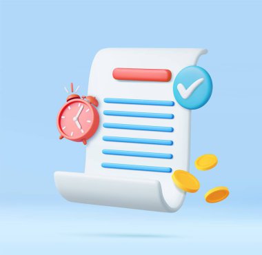 3d Bill with clock,check and golden coins for payment transaction. Financial metaphor, revealing the concept of paying bills and taxes of the season. 3D Rendering. Vector illustration clipart