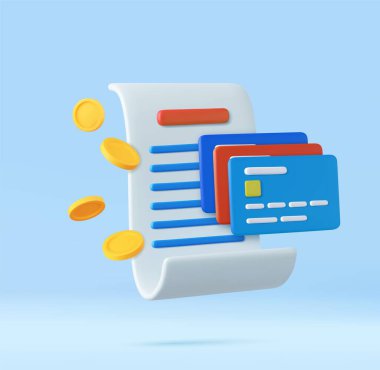 Kredi kartı ve altın sikkeli 3D fatura ödemesi, çevrimiçi alışveriş finansmanı, ödeme koruma kavramlı online ödeme kartı faturası. Üç boyutlu görüntüleme. Vektör illüstrasyonu