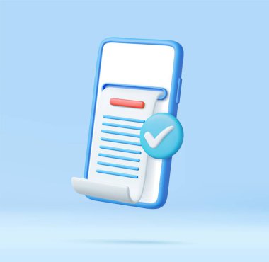 3D cep telefonu, içinde kağıt para ve çek var. Nakit para, ödeme, finansal hizmet. Çevrimiçi bankacılık, fatura ödeme, işlem makbuzu, para transferi. Üç boyutlu görüntüleme. Vektör illüstrasyonu