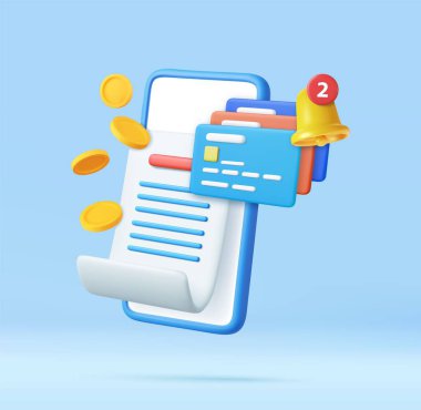 Cep telefonlu 3D fatura ödemesi, alarm zilli kredi kartı ve altın sikkeler, online alışveriş finansmanı, online ödeme faturası. Üç boyutlu görüntüleme. Vektör illüstrasyonu