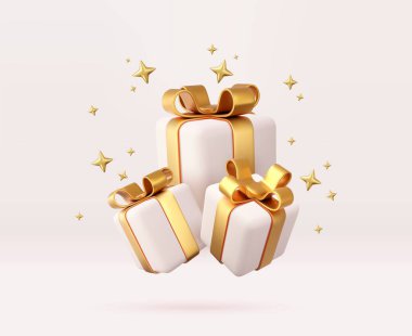 Altın kurdeleli ve fiyonklu 3D beyaz hediye kutuları. Doğum günü kutlaması kavramı. Mutlu yıllar ve mutlu noeller altın fiyonklu beyaz hediye kutuları. 3D görüntüleme. Vektör illüstrasyonu