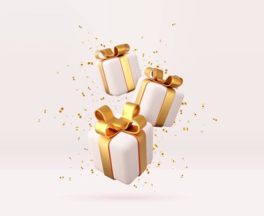 Altın kurdeleli ve fiyonklu 3D beyaz hediye kutuları. Doğum günü kutlaması kavramı. Mutlu yıllar ve mutlu noeller altın fiyonklu beyaz hediye kutuları. 3D görüntüleme. Vektör illüstrasyonu