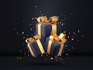 Altın kurdeleli ve fiyonklu 3D siyah hediye kutuları. Doğum günü kutlaması kavramı. Mutlu yıllar ve mutlu noeller altın fiyonklu siyah hediye kutuları. 3D görüntüleme. Vektör illüstrasyonu