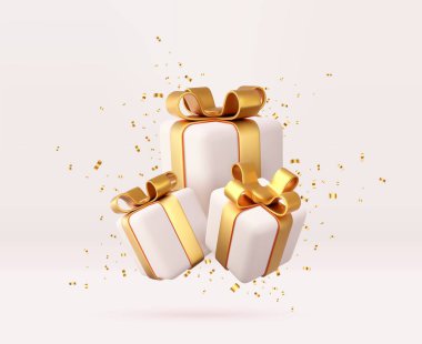 Altın kurdeleli ve fiyonklu 3D beyaz hediye kutuları. Doğum günü kutlaması kavramı. Mutlu yıllar ve mutlu noeller altın fiyonklu beyaz hediye kutuları. 3D görüntüleme. Vektör illüstrasyonu