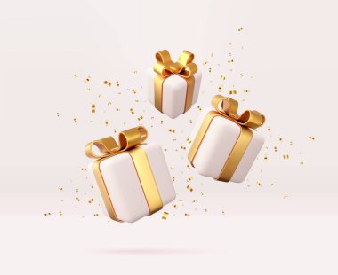 Altın kurdeleli ve fiyonklu 3D beyaz hediye kutuları. Doğum günü kutlaması kavramı. Mutlu yıllar ve mutlu noeller altın fiyonklu beyaz hediye kutuları. 3D görüntüleme. Vektör illüstrasyonu