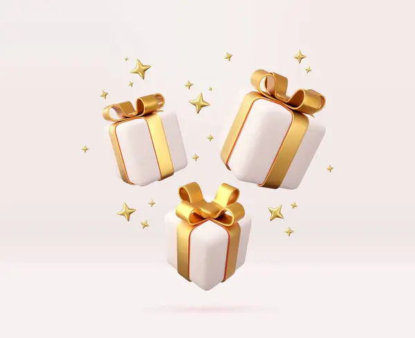 Witte Geschenkdozen Met Gouden Lint Strik Verjaardagsfeest Concept Vrolijk Nieuwjaar — Stockvector
