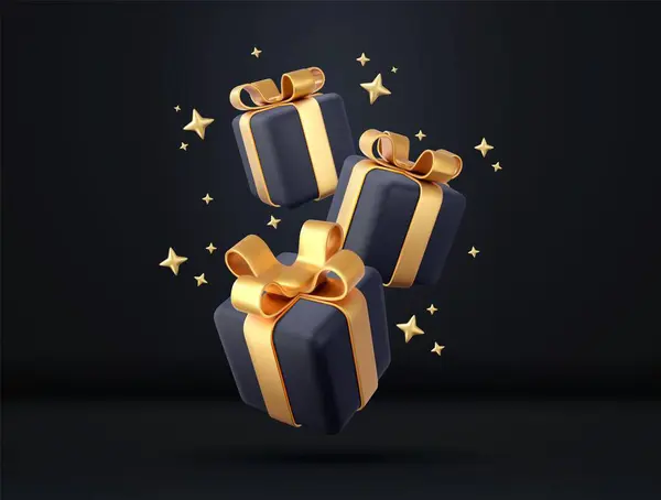 Caixas Presente Preto Com Fita Dourada Arco Conceito Celebração Aniversário — Vetor de Stock