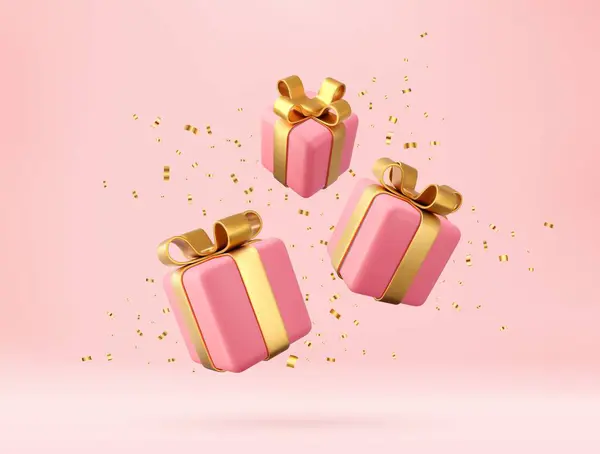 Caixas Presente Rosa Com Fita Dourada Arco Conceito Celebração Aniversário — Vetor de Stock