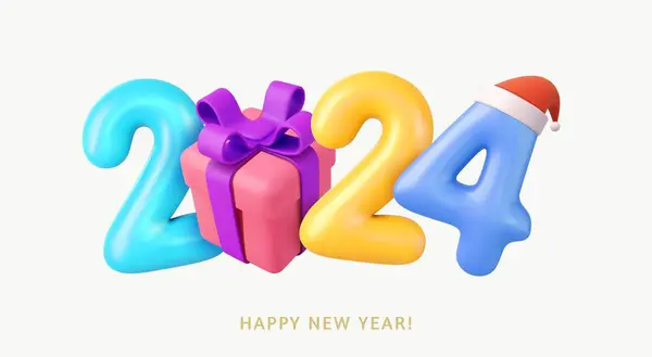 Bonne Année 2024 Numéro Avec Boîte Cadeau Style Dessin Animé — Image vectorielle