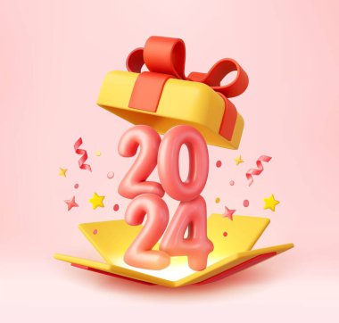 3d Mutlu yıllar 2024. 2024 numaralı hediye kutusunu aç. Mutlu Noeller Arka plan. Xmas indirimi hediyesi. 3D görüntüleme. Vektör illüstrasyonu