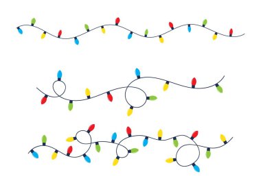 Beyaz arka planda izole edilmiş noel ışıkları. Parlak renkli çelenk ışıkları süslemesi. Xmas kartları, afişler, posterler, ağ için parlayan ampuller. Tasarım elemanları. Vektör illüstrasyonu.