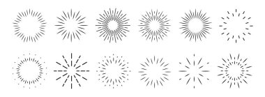 Patlayan ışınlar gündoğumu havai fişek patlaması logoti, amblem, logo, etiket, pul, bayrak için. Tasarım elemanları. Vektör illüstrasyonu.