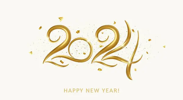 Happy New Year 2024 Design Shiny Golden Numerals Falling Confetti — Stock Vector