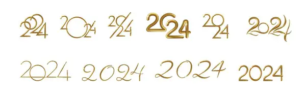Set 2024 New Year Gold Numbers Greeting Cards Banners Posters — Stock Vector