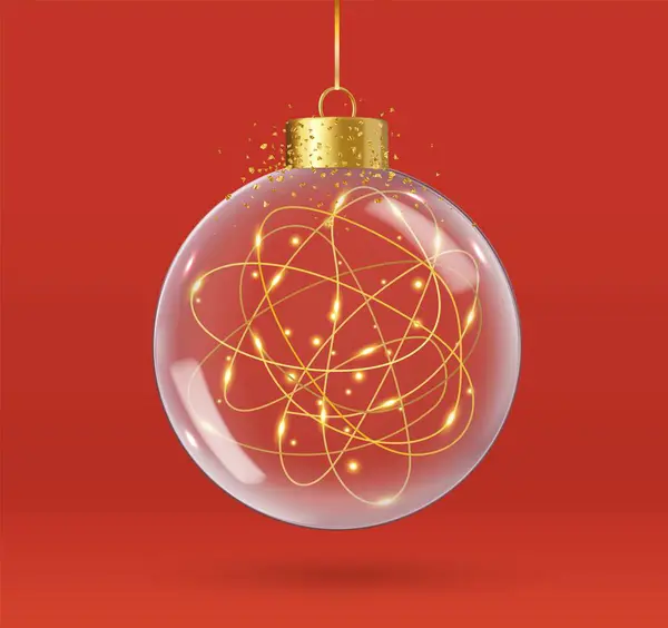 Realistische Glazen Kerstballen Kerstversiering Transparante Kristallen Bol Met Gouden Confetti — Stockvector