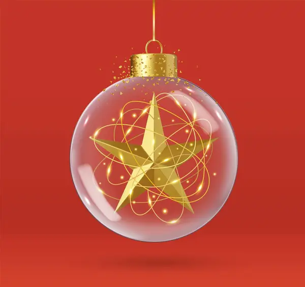 Realistic Glass Christmas Balls Xmas Decoration Transparent Crystal Sphere Golden — Stock Vector