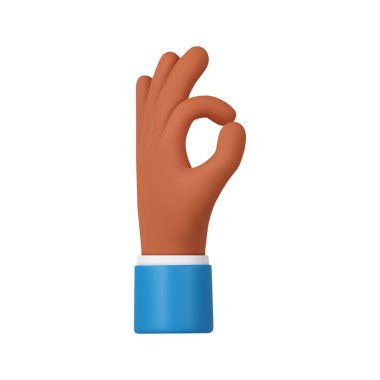 3D karikatür el, beyaz arka planda izole edilmiş iyi bir hareket yapıyor. İfade, jest, selamlama, anlaşma, pozitiflik konsepti. 3D görüntüleme. Vektör illüstrasyonu