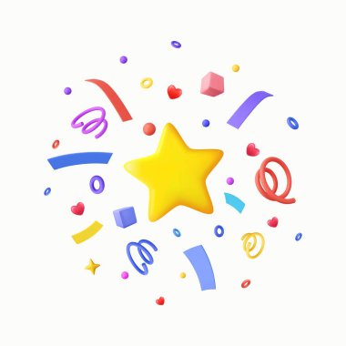 Yıldız ve yılan kurdeleli 3D parti konfetisi. Doğum günü sürprizi. Poster ya da afiş için dekorasyon malzemeleri. 3D görüntüleme. Vektör illüstrasyonu