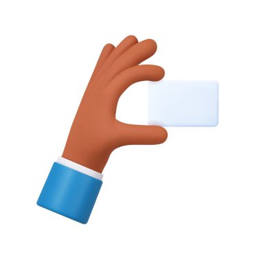 3D el boş kağıt etiketi ya da etiket tutar. Beyaz kağıt tutan bir iş adamı. Kopya alanı olan boş kağıt kart. 3D görüntüleme. Vektör illüstrasyonu