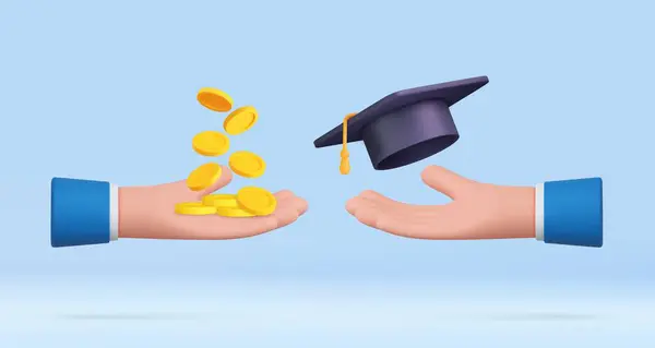 Cartoon Hand Halten Promotionsmütze Und Geldmünzen Ausbildungskosten Studienkreditkonzept Investitionen Bildung — Stockvektor