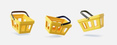 Üç boyutlu gerçekçi alışveriş arabası seti. Dijital promosyon, satış reklam tasarımı. Üç boyutlu görüntüleme. Vektör illüstrasyonu