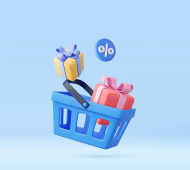 İçinde 3D alışveriş arabası ve hediye kutuları var. Çevrimiçi alışveriş, satış ve mağazalarda indirim kavramı. Üç boyutlu görüntüleme. Vektör illüstrasyonu