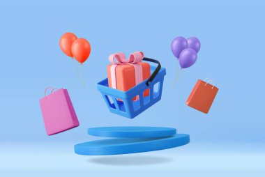 Torbalar ve hediye kutusuyla 3D alışveriş arabası. İnternetten alışveriş. E-ticaret ve dijital pazarlama konsepti. Mal satışı. Üç boyutlu görüntüleme. Vektör illüstrasyonu