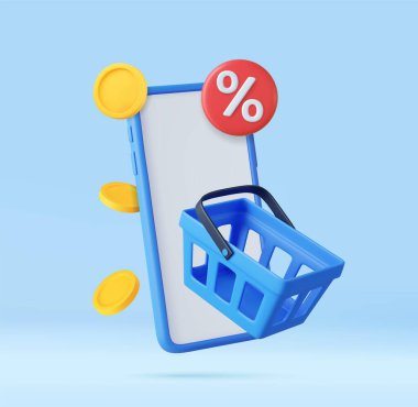 Fiyat etiketli, alışveriş arabası ve bozuk parayla 3D cep telefonu. Etiket indirimli para sepeti, özel teklif promosyonu. Üç boyutlu görüntüleme. Vektör illüstrasyonu