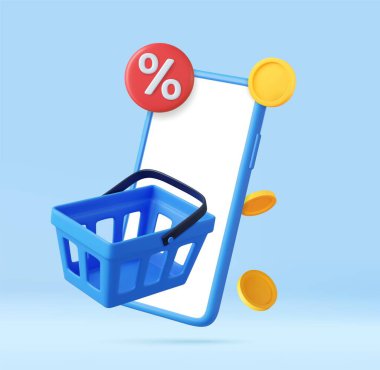Fiyat etiketli, alışveriş arabası ve bozuk parayla 3D cep telefonu. Etiket indirimli para sepeti, özel teklif promosyonu. Üç boyutlu görüntüleme. Vektör illüstrasyonu