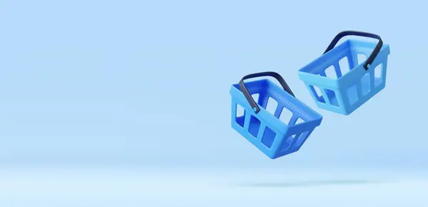 Empty Shopping Baskets Blue Background Realistic Plastic Shopping Cart Rendering — стоковый вектор