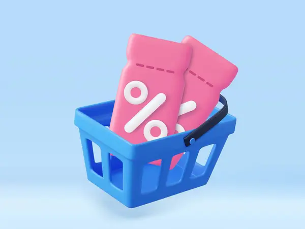 购买购物篮的3D优惠券 货物的销售和折扣 3D渲染 矢量说明 免版税图库矢量图片