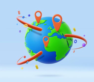 3D dünya küresi ve harita simgesi. Çevrimiçi teslimat servisi, teslimat takibi, sevkiyat haritasının nokta işareti. Dünya seyahati ya da GPS navigasyon konsepti. 3D görüntüleme. Vektör illüstrasyonu