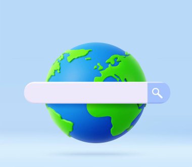 3D Globe ya da Arama Çubuğu ile Dünya. Dünya ve Arama Çerçevesi. Hava durumu, rezervasyon, ulaşım, seyahat konsepti. 3D görüntüleme. Vektör illüstrasyonu