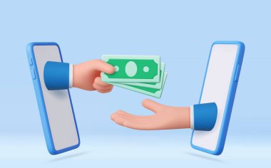 Çizgi film karakteri elleri akıllı telefon ekranlarını uzatarak para verir ve alır. Ödeme ve alışveriş, iyi bir ortaklık, maaş, sadaka, yolsuzluk. 3D görüntüleme. Vektör illüstrasyonu