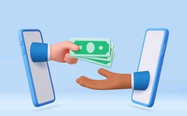 Çizgi film karakteri elleri akıllı telefon ekranlarını uzatarak para verir ve alır. Ödeme ve alışveriş, iyi bir ortaklık, maaş, sadaka, yolsuzluk. 3D görüntüleme. Vektör illüstrasyonu