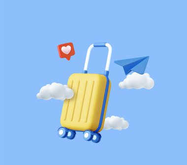 3D bavul gökyüzünde kalp ikonu, kağıt uçak, bulutlar, arka planda izole bir şekilde uçuyor. Seyahat için tasarım konsepti. 3D görüntüleme. Vektör illüstrasyonu