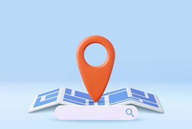 3D render pin işaretleyici ve Harita konum arama GPS, seyahat navigasyon konsepti ve internet arama çubuğu teknolojisi. Kağıt harita, afiş, web sitesi. 3D görüntüleme. Vektör illüstrasyonu