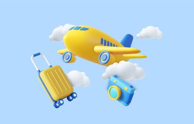 Bulutlu bir gökyüzünde 3D uçak, bagaj ve fotoğraf makinesi. Tatil ve seyahat konsepti. 3D görüntüleme. Vektör illüstrasyonu