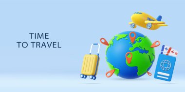 3D pasaport, dünya ve konum kodu, bavul ve uçak. Tatil ve seyahat konsepti. 3D görüntüleme. Vektör illüstrasyonu