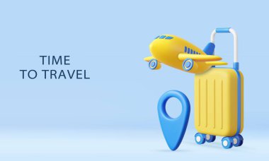 3D uçak, bavul, harita işaretleyici simgesi. Turne, tatil köyü ve otel pankartı konsepti. 3D görüntüleme. Vektör illüstrasyonu