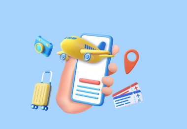 Uçuş bileti ve bavulu olan üç boyutlu bir cep telefonu. Uçuş uçağıyla turizm ve seyahat planları. 3D görüntüleme. Vektör illüstrasyonu