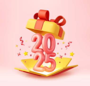 3d Mutlu yıllar 2025. 2025 numaralı hediye kutusunu aç. Mutlu Noeller Arka plan. Xmas indirimi hediyesi. 3D görüntüleme. Vektör illüstrasyonu