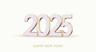 3D Gerçekçi Altın ve Beyaz Sayılar. Mutlu Noeller ve mutlu yıllar 2025 tebrik kartı. 3D görüntüleme. Vektör illüstrasyonu