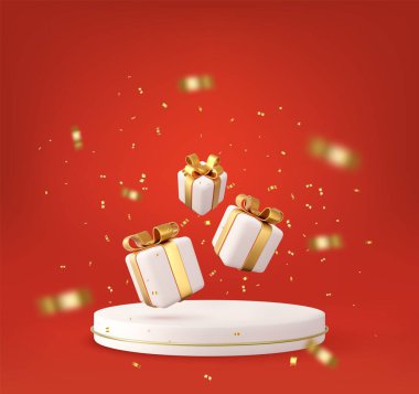 3D Noel tarzı ürün podyumu sahnesi. Uçan beyaz hediye kutusu ve altın fiyonk. Mutlu Noeller ve yeni yıl bayrak tasarımı, tebrik kartı. 3D görüntüleme. Vektör illüstrasyonu