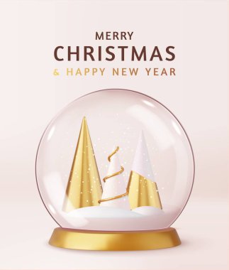 Soyut altın Noel ağaçları olan 3 boyutlu kar küresi. Noel süsü. Yeni yıl kavramı. 3D görüntüleme. Vektör illüstrasyonu