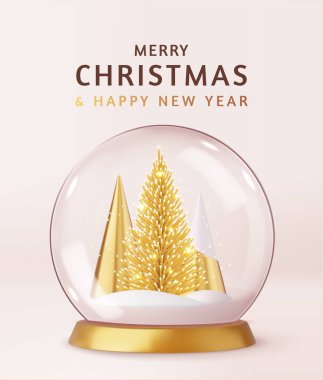 Noel ağaçlı 3 boyutlu kar küresi. Noel süsü. Yeni yıl kavramı. 3D görüntüleme. Vektör illüstrasyonu