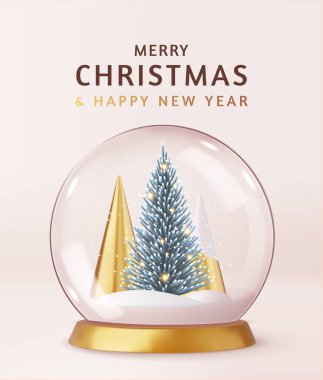 Noel ağaçlı 3 boyutlu kar küresi. Noel süsü. Yeni yıl kavramı. 3D görüntüleme. Vektör illüstrasyonu