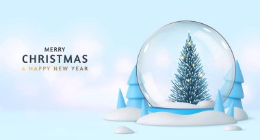 Üç boyutlu Noel arkaplanı. Noel ağacı olan cam bir kar küresi. Pankart ve web posteri. 3D görüntüleme. Vektör illüstrasyonu